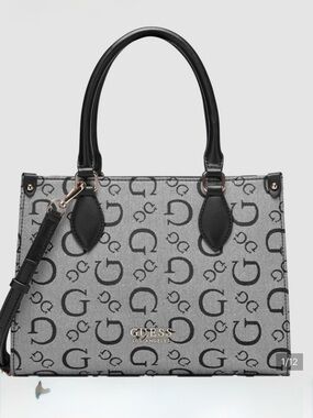 GUESS Gray Monogram Tote Bag with Black Trim